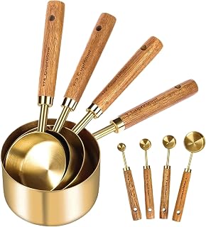 Måttskedar & Måttkoppar Set Noggrann Guld Staplingsbar 8-Delars Set | Måttkoppar & måttskedar i rostfritt stål med handtag i trä Flytande Ingredienser För Matlagning I Lägenhet Och