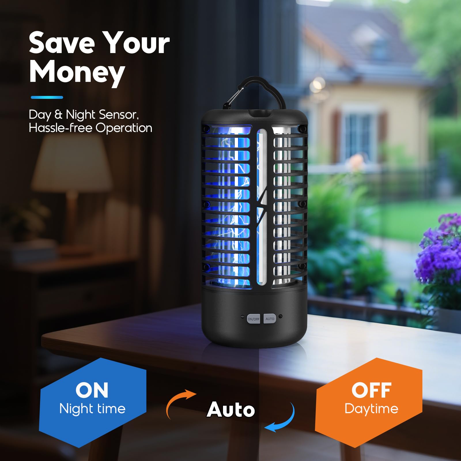Lampada Antizanzare Elettrica, Anti Zanzare 3000V UV, Anti Mosche LED Sospendibile, IPX4 Impermeabile Insektenvernichter da Interno ed Esterno, Lampada Zanzare con Gancio (Nero)