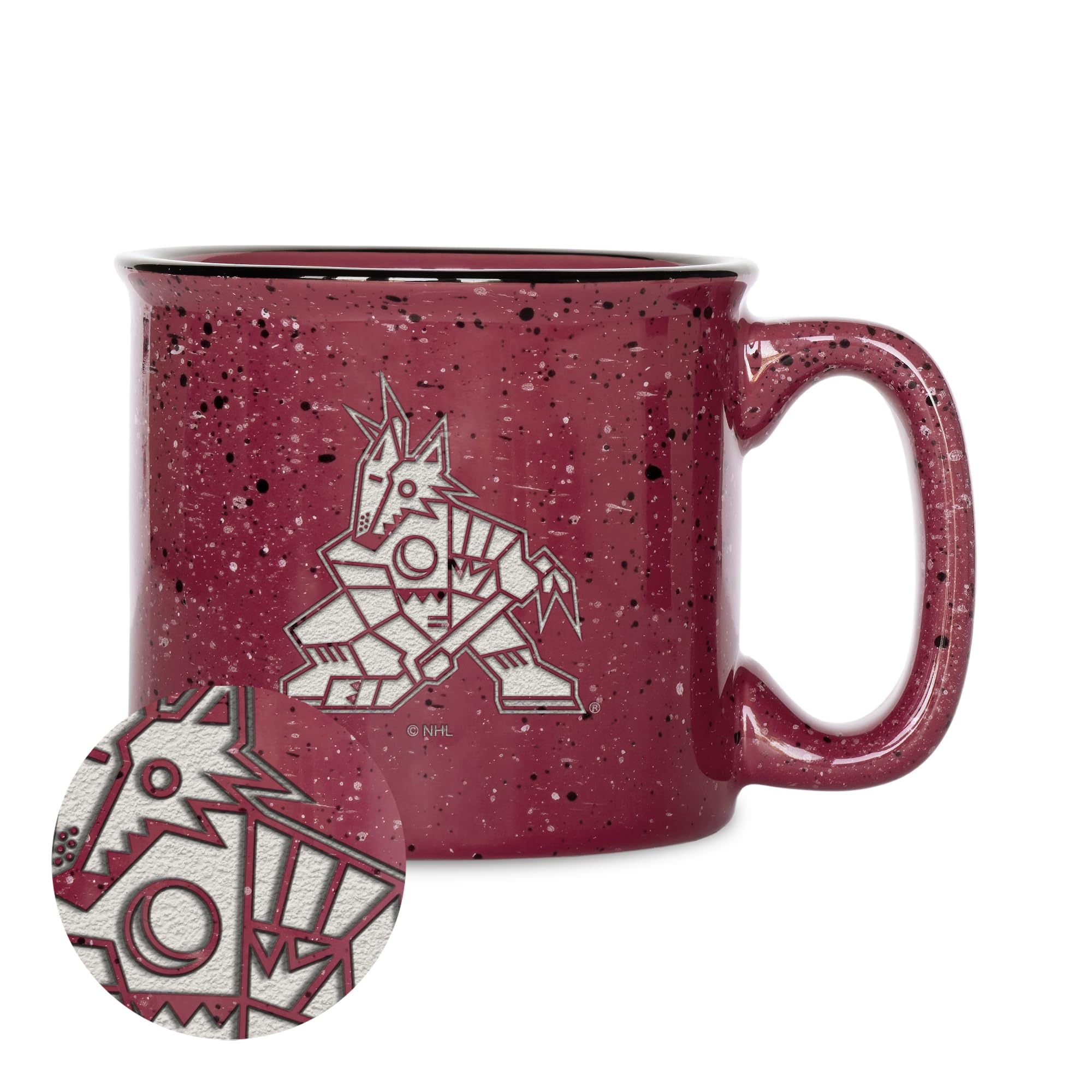 Rico Industries NHL Hockey Arizona Coyotes Maroon 15 oz Speckle Camper Coffee Mug, Deep Laser Engraved Logo, Ceramic Camping Mug, Speckle Glaze, CFS6801MN