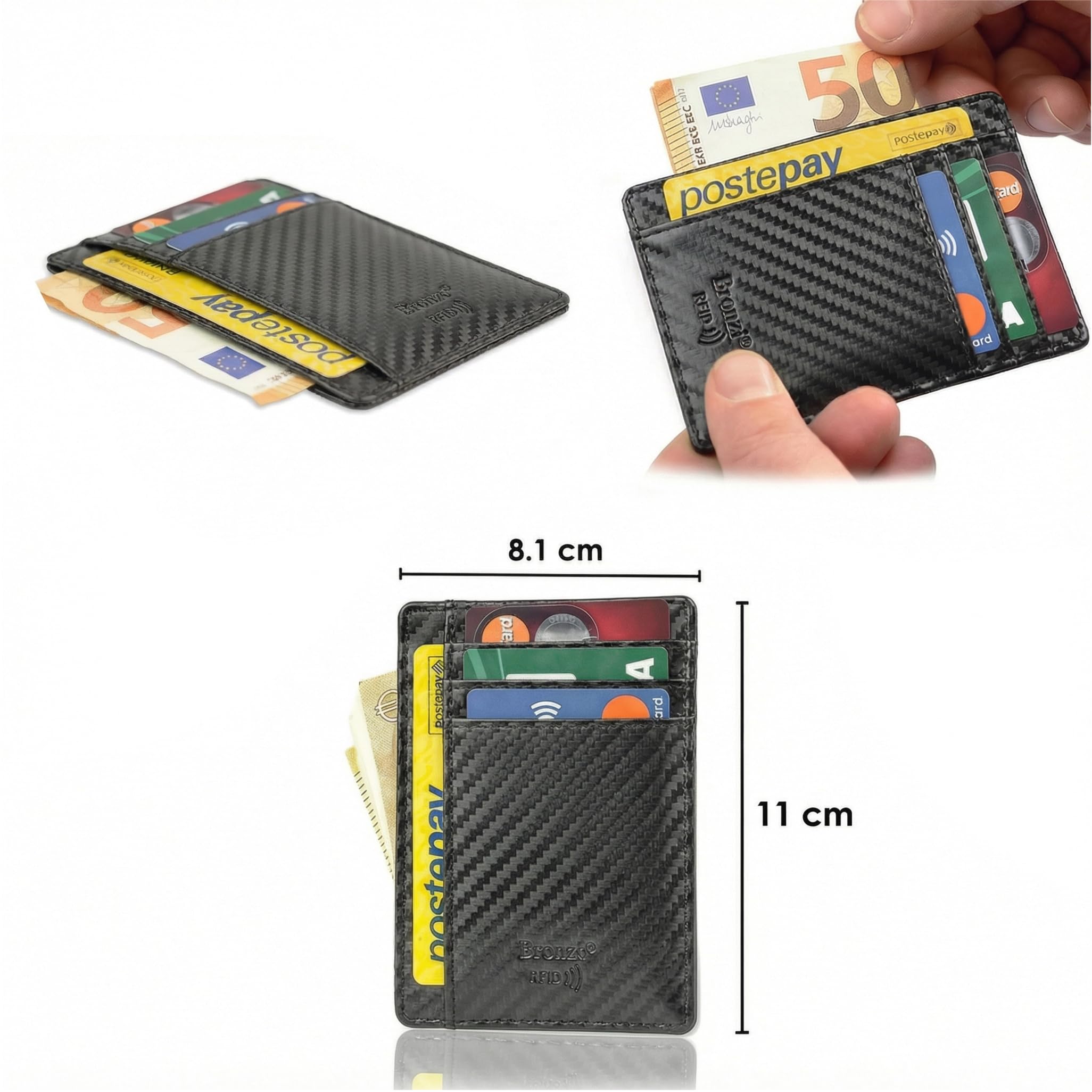 Bronzi® Portafoglio Uomo Slim Piccolo | Portacarte Uomo Donna Portatessere Porta Carte Di Credito | Portafogli Mini Protezione RFID con Portamonete | Box Regalo - Brand Italiano