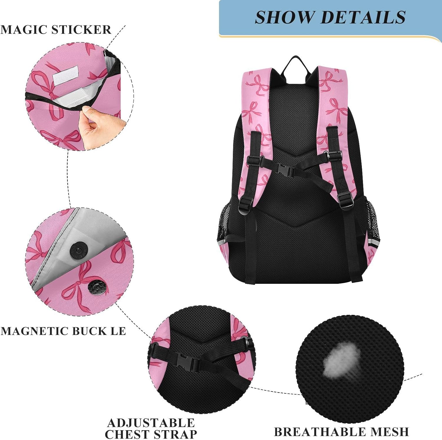 Backpack Pink Bows Ribbon Toddler School Bags Large Bookbags for Girls-Boys Middle-School Elementary