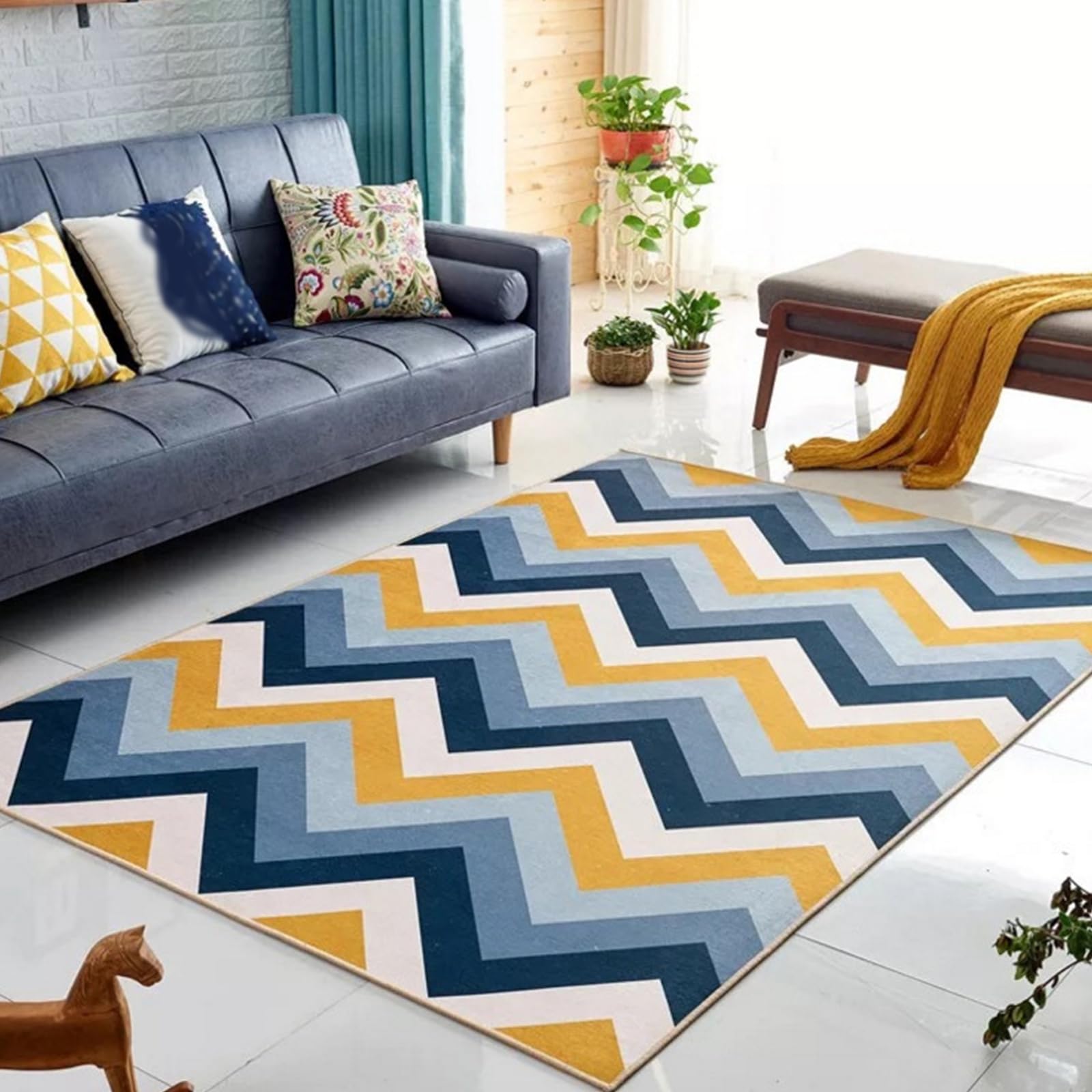 Tapis salon design géométrique moderne bleu foncé jaune moutarde 120x160