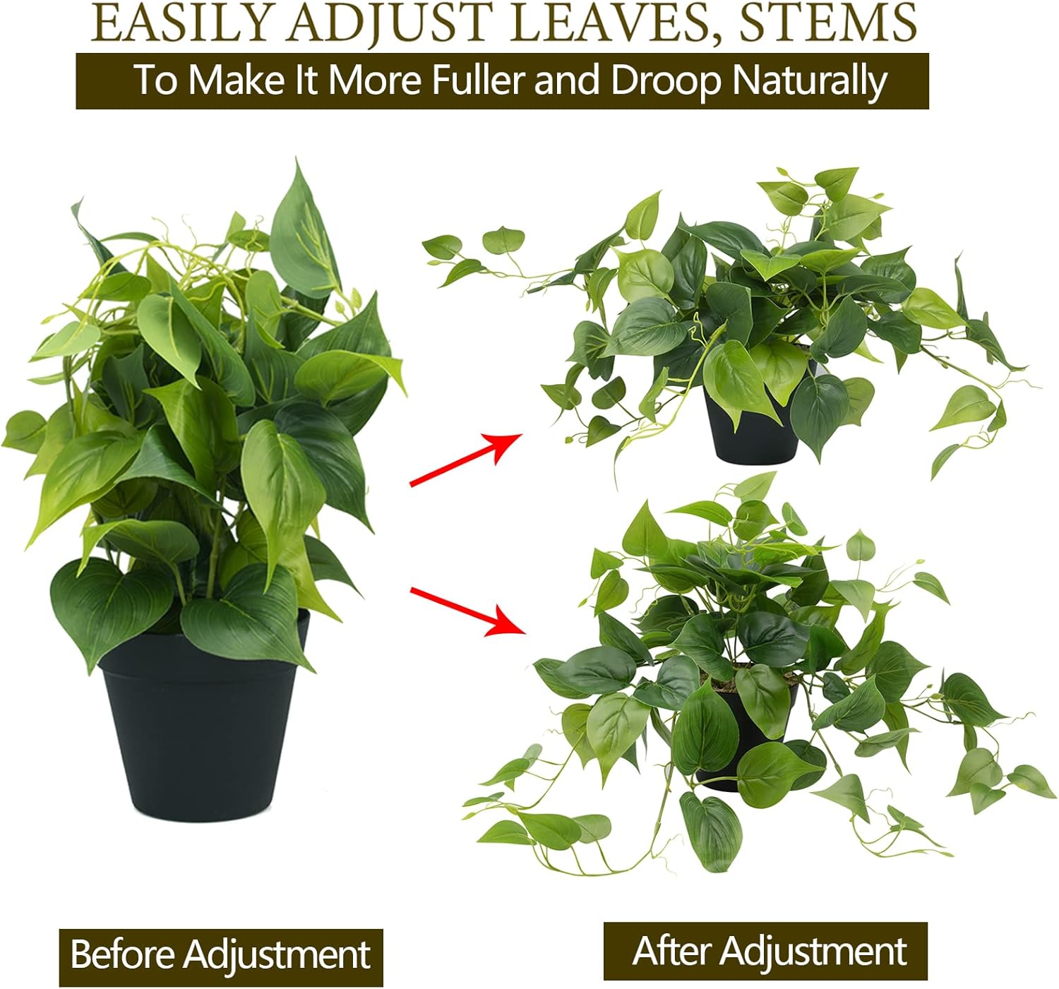 LOYWREE Artificial Scindapsus Aureus Fake Pothos Plants in Black Pots - Realistic Faux Indoor Greenery Potted for Home, Office, Desk, Shelf, Living Room, Bedroom, Balcony, Patio & Garden Decor - Image 7