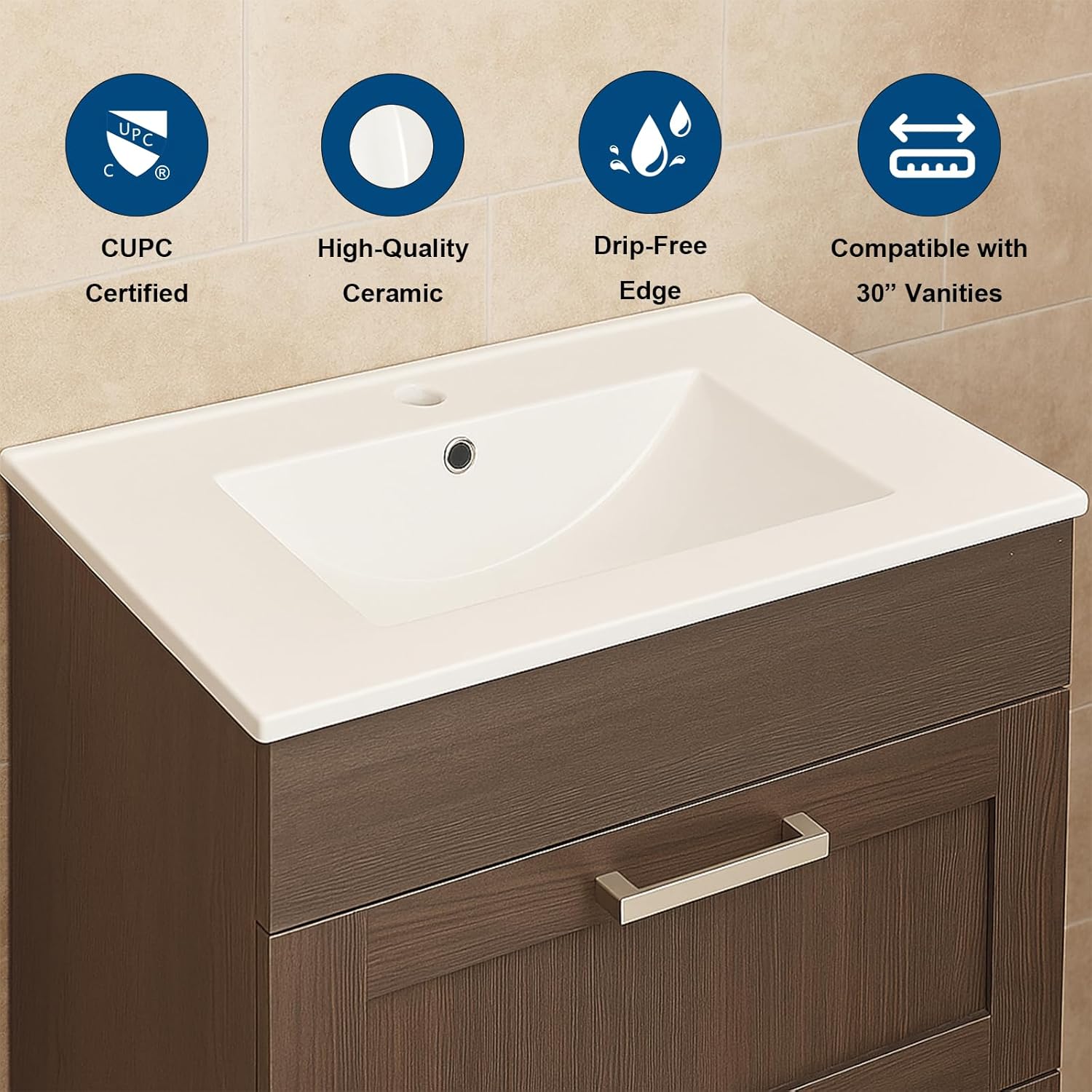 30'' Vanity Sink Top,Bathroom Undermount Ceramic Sink Top W/One Hole, Rectangular Porcelain Sink Basin,Overflow Drain,White