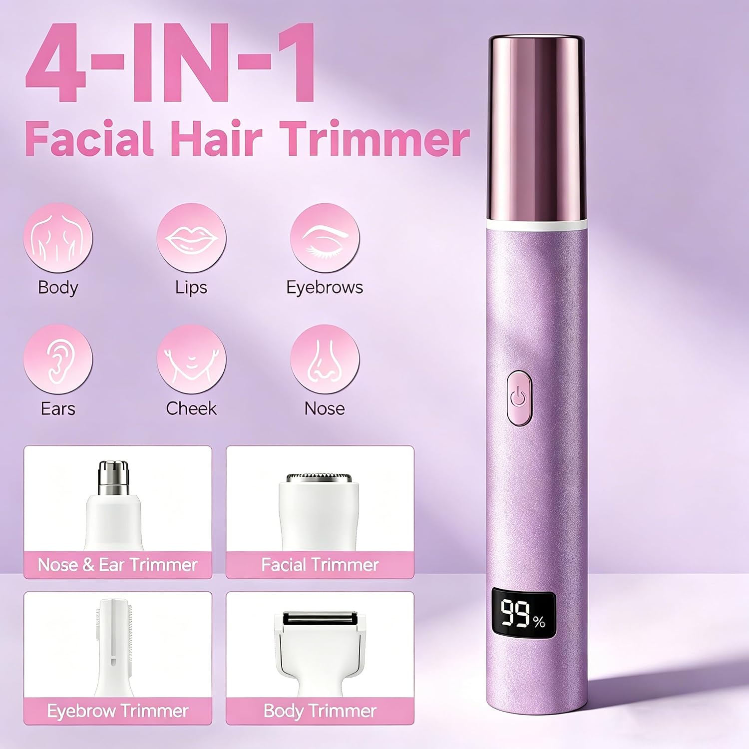 RUIM Electric Nose Hair Trimmer for Women, 4-in-1 Painless Facial Grooming Kit with Eyebrow Trimmer, Nose & Ear Trimmer, Facial Shaver - USB-C Rechargeable, Waterproof, LED Display