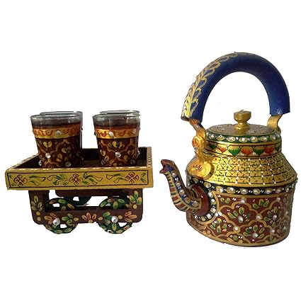 iHandikart Handicrafts Handpainted Tea Kettle with 4 Glass 1 Thela Cart (Multicolour)