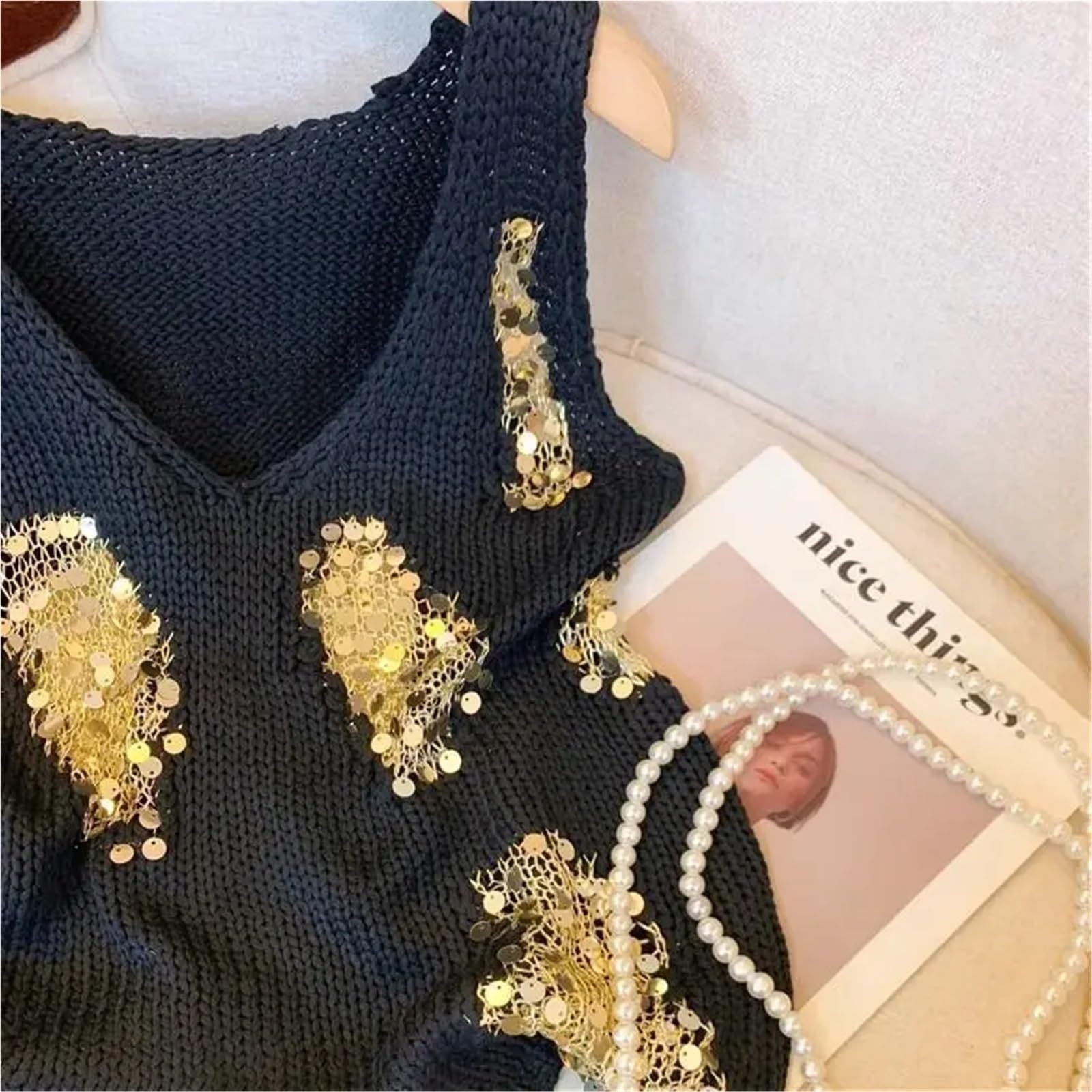 Top con Paillettes Top Senza Maniche da Donna in Maglia con Scollo a V e Paillettes