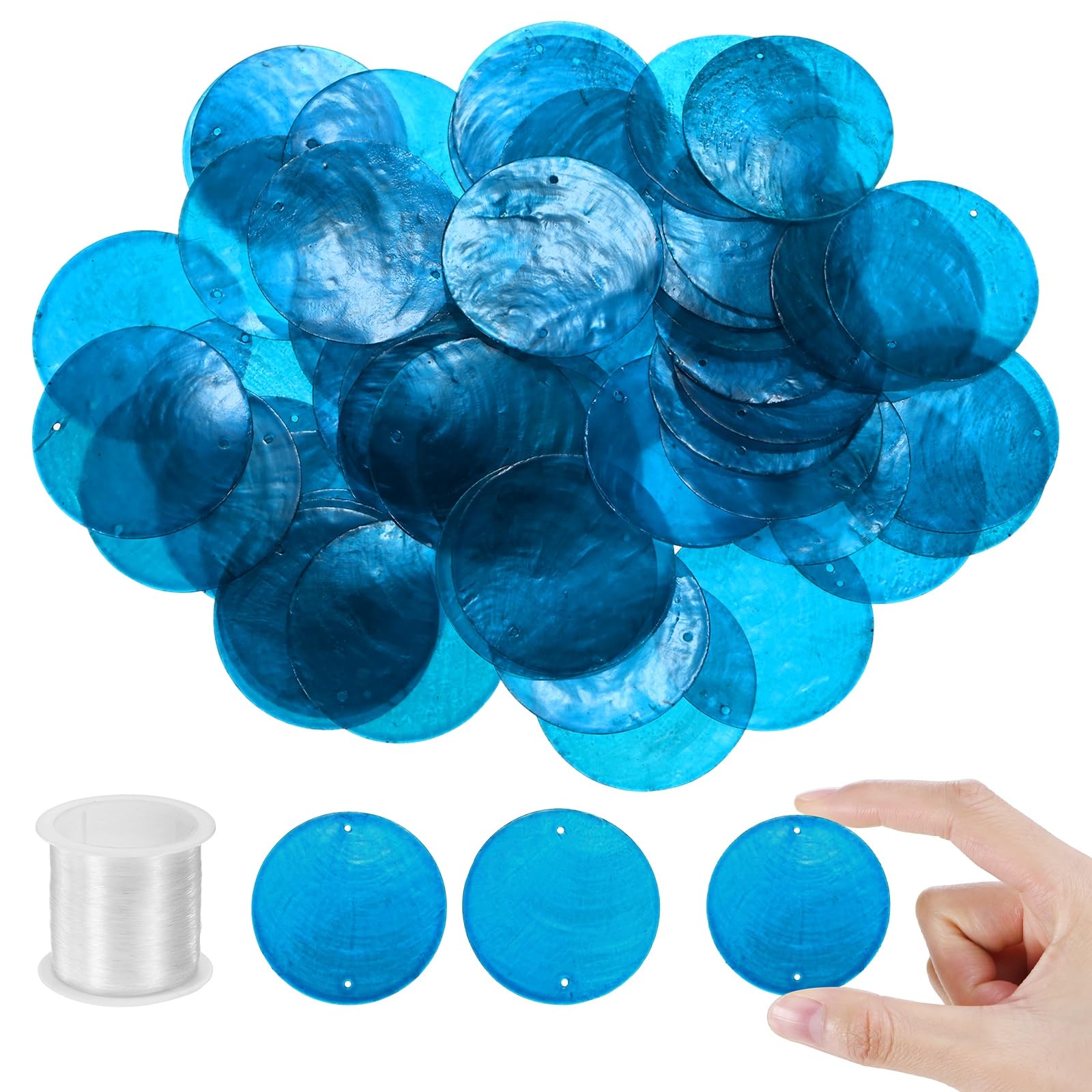 M METERXITY 50-Pack Round Capiz Sea Shells, 2 Inch(50mm) Natural Shell Pieces with String for Wind Chimes/Seashell/Curtain Shell/DIY Craft, Flat Round Coin Bead [Sapphire]