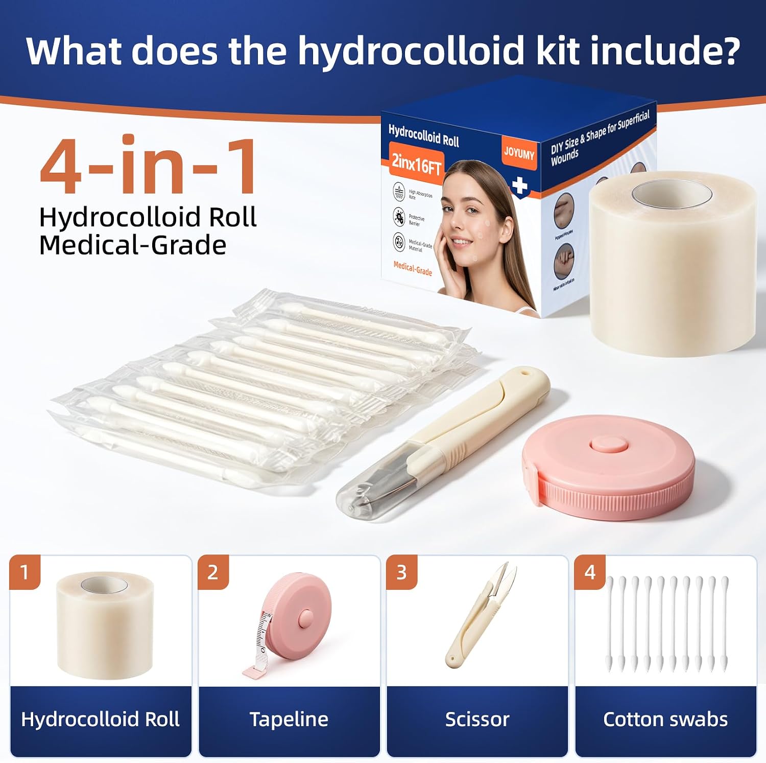 Hydrocolloid Roll with Self-Adhesive Cut-to-Size Hydrocolloid Patch Bandages for Wound Care Highly Absorbent Waterproof for Acne Blister, Burn and First Aid Kit Essential (2" x16')