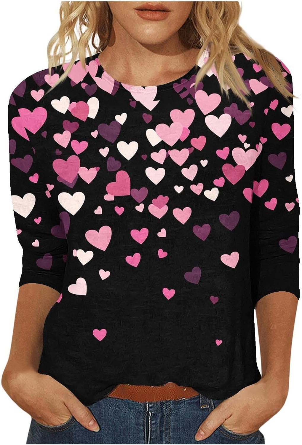 Valentines Day Gifts for Her Womens 2025 Trendy Scoop Neck 3/4 Length Sleeve Spring Heart Print Boho Shirts T Graphic Tops Plus Size Tshirts Dressy Casual Blouses Ladies Going Out Elegant Sexy Log in