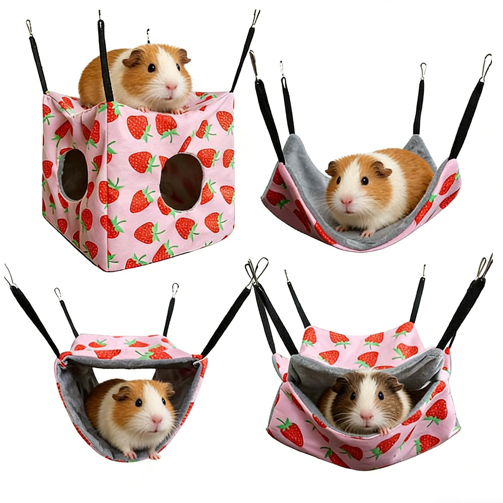 SIGONE 4 Pcs Hamster Hammock Set Pink Strawberry, Washable Soft Hanging Bed Hideout for Rat, Guinea Pig, Ferret, Chinchilla, Sugar Glider, Squirrel