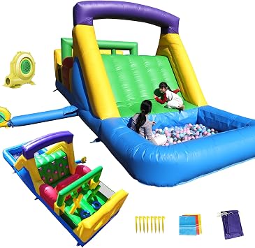 22FT Commercial Inflatable Obstacle Course Bounce House for Big Kids & Adults, Heavy Duty 100% PVC with 1100W Blower, Water Slide, Ball Pit, Climbing Wall & Tunnel, Backyard Party 22x8x8FT