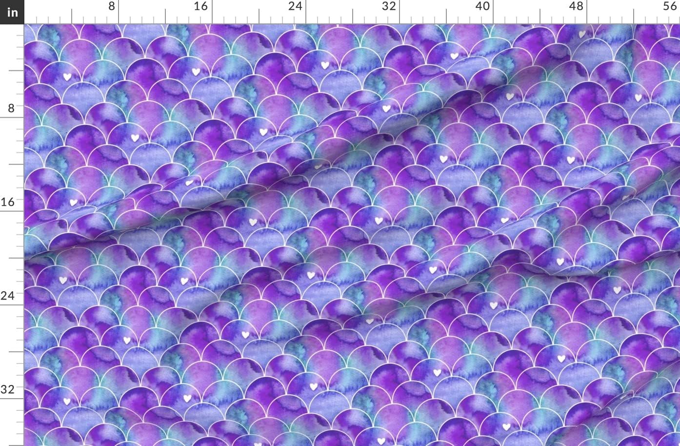 Spoonflower Fabric - Mermaid Under The Sea Watercolor Scallops Love Heart Scales Tail Printed on Organic Cotton Sateen Fabric by The Yard - Sewing Quilting Apparel Home Decor