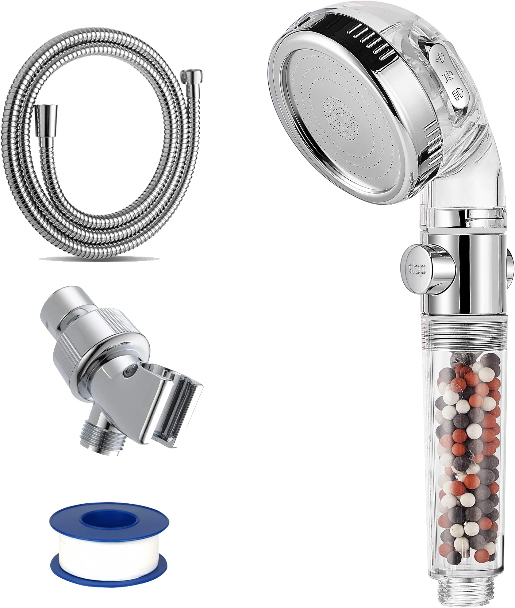 WANG BAO Shower Head, Filter High Pressure 3-Setting Water Saving Detachable Spray Handheld Shower Head with Pause Switch（Include Hose,Holder and PTFE）