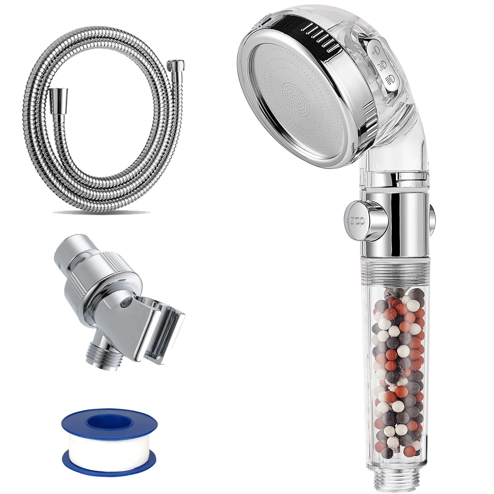 WANG BAO Shower Head, Filter High Pressure 3-Setting Water Saving Detachable Spray Handheld Shower Head with Pause Switch（Include Hose,Holder and PTFE）