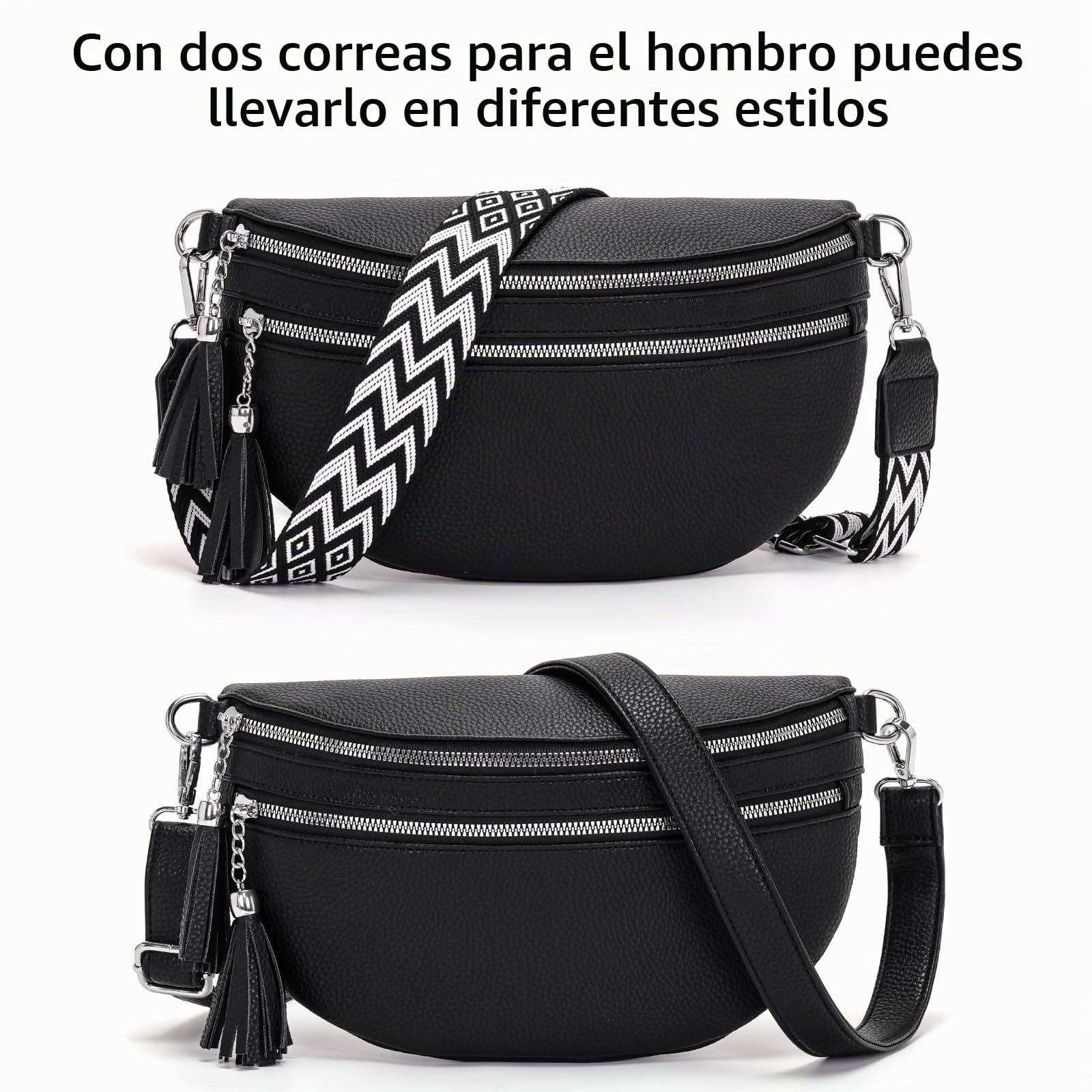LANXINGLUO bolso riñonera mujer bolso bandolera mujer Con compartimento para tarjetas de crédito y 2 correas para el hombro negro