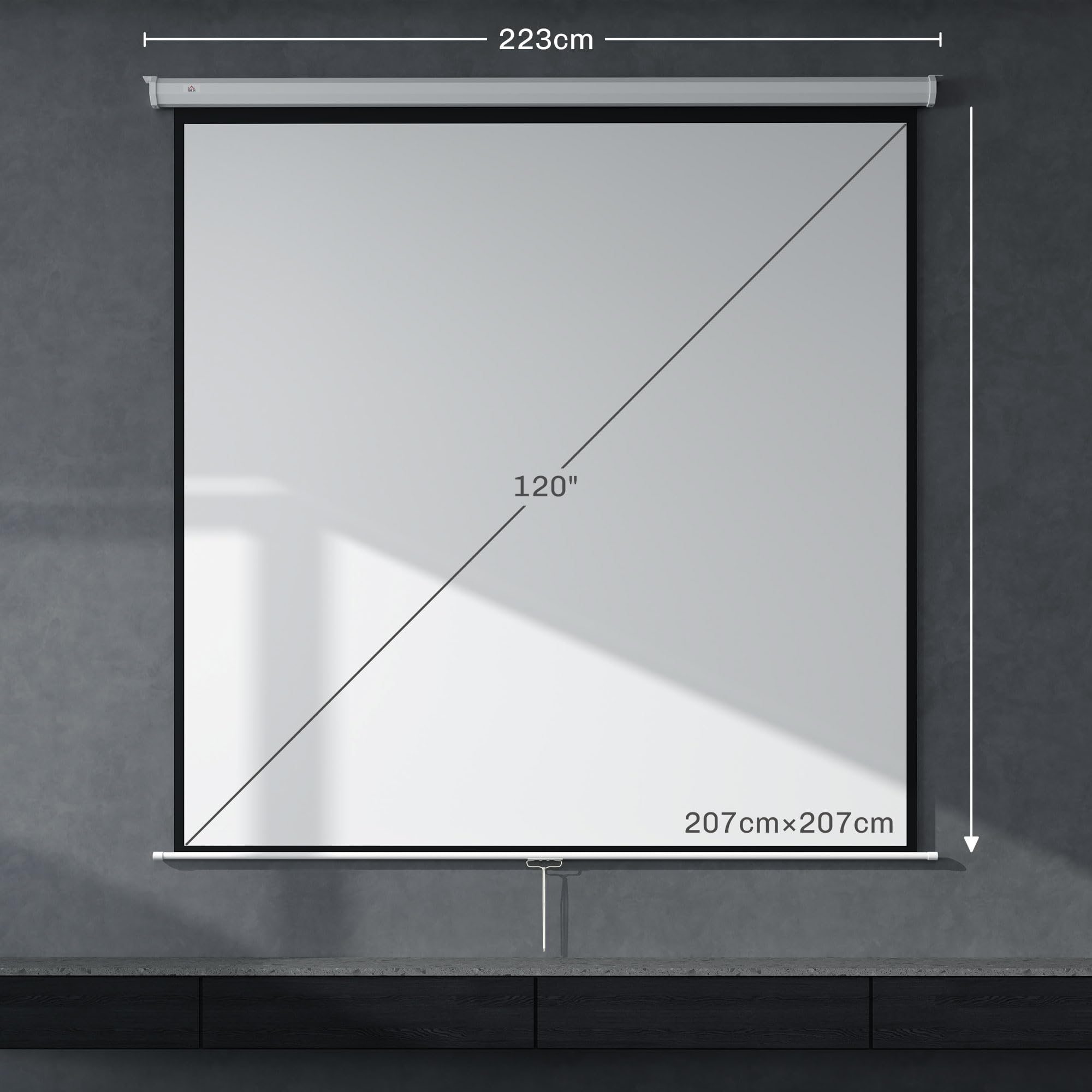 HOMCOM Pantalla de Proyector Manual 120 Pulgadas Pantalla de Proyección Portátil Formato 1:1 Ángulo de Visión de 160° para Interior y Exterior Eventos Deportivos Cine en Casa Patio 207x207 cm Blanco