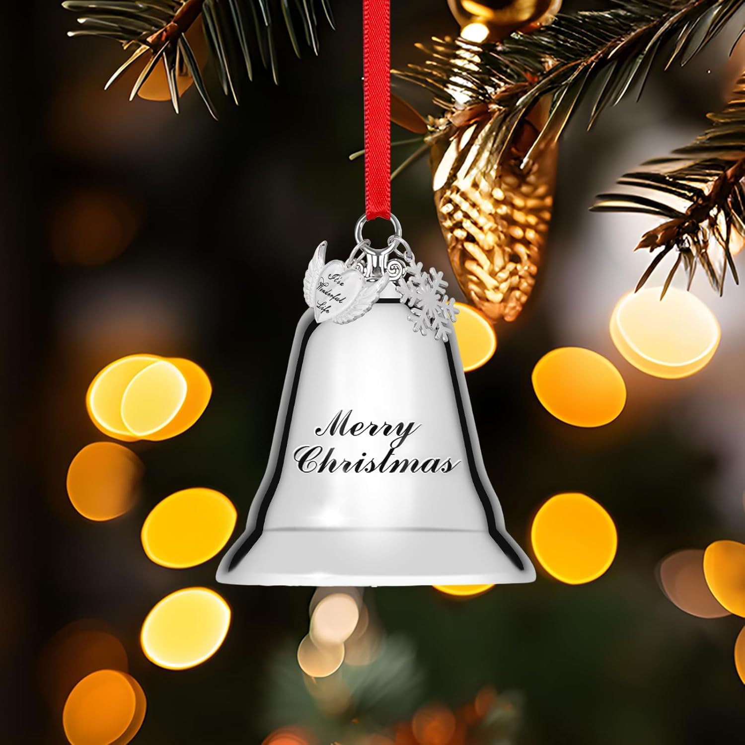 Styleonme Christmas Bells Ornament 2025 – Heart-Shaped Angel Wings with Snowflakes, Inspired by It's a Wonderful Life, Silver Holiday Decoration Bells - Image 6