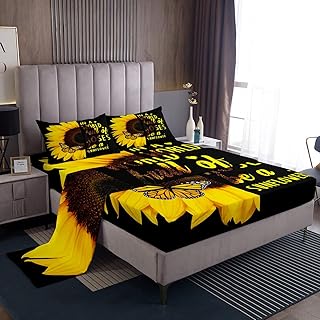 Black Sunflower Bed Sheets Set King Yellow Floral Botanical Sheet Set For Women Teens Adult 3D Flowers Sheets Boho Spring Romantic Garden Bloom Top Sheet (1 Flat Sheet, 1 Fitted Sheet, 2 Pillowcases)
