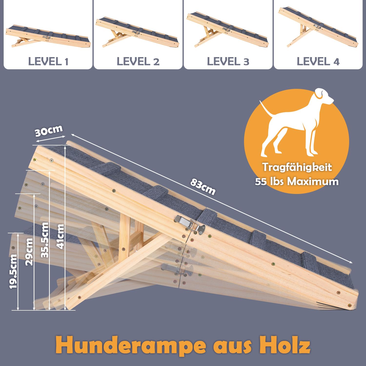 Rampa para perros ajustable en 4 posiciones, 83 x 30 cm, plegable, 25 kg | Madera de pino, sofá cama, doble cierre, bit 25 kg, antideslizante, 5 travesaños, escalera para perros, gatos