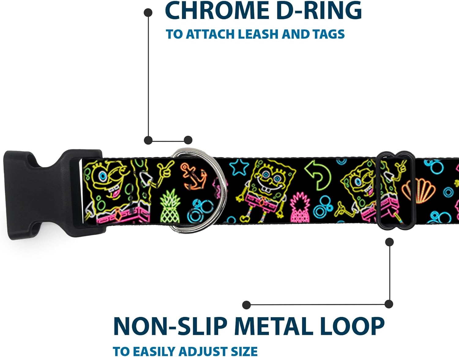 Dog Collar Plastic Clip Electric Spongebob Poses Elements Black Multi Color 13 to 18 Inches 1.5 Inch Wide