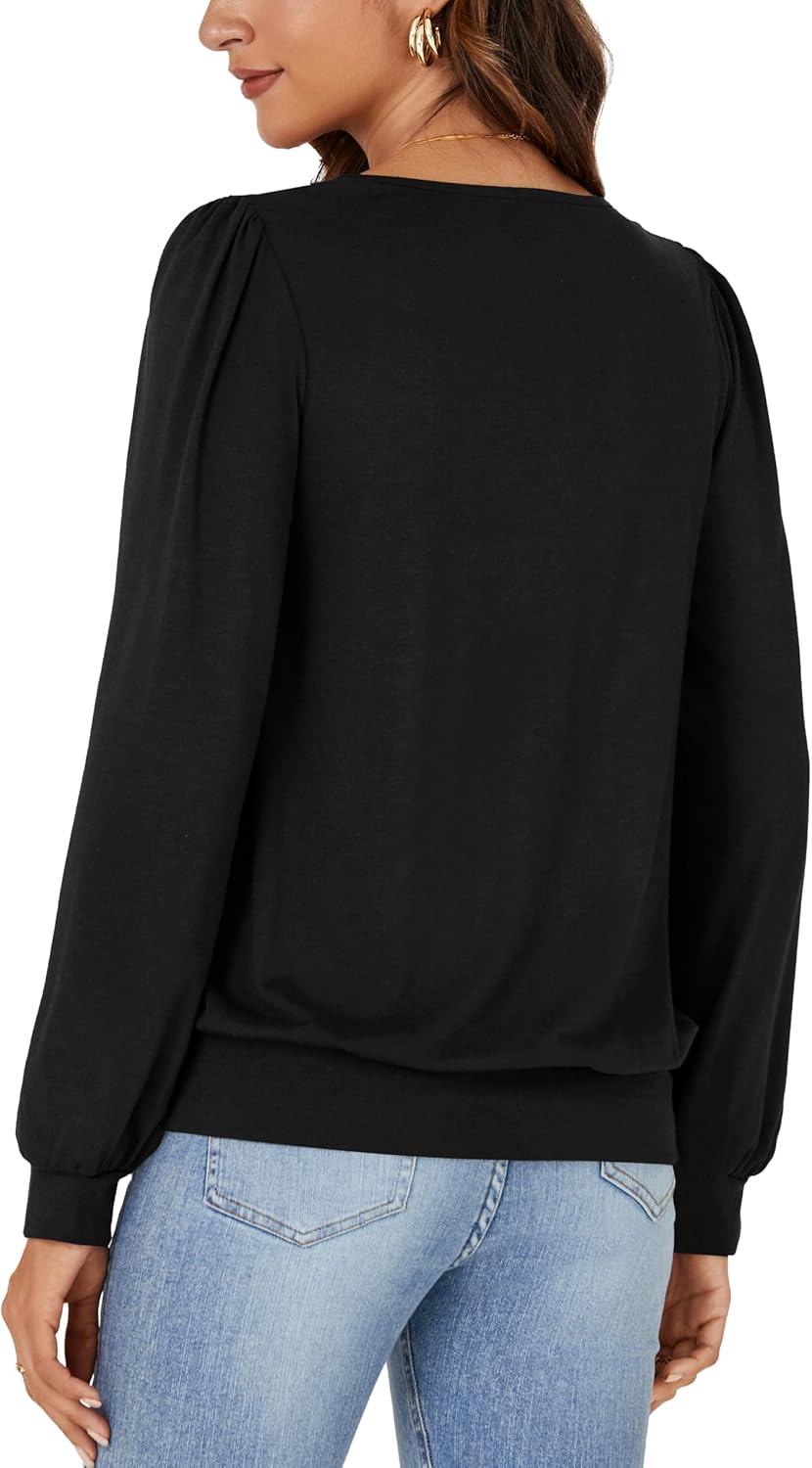Vrtige Women's Casual Banded Bottom V Neck Puff Long Sleeve Tunic Top Blouse Shirt - Image 5