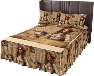 T&H XHome California King Bed Skirts Ruffled 3 Piece Set with Pillow Shams, Pirate Girl Cute Dog Treasure Map Luxury Ruffle Skirt Bedspread Classic Sheet with Pillowcases Bedding Sets