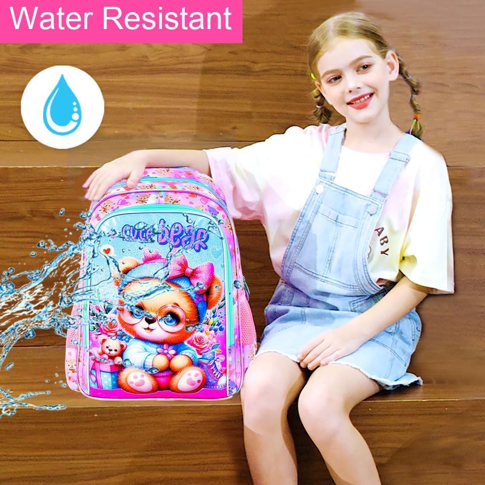 KLFVB 3PCS Girls Bear Bookbag, Water Resistant Kids Backpack with Lunch Box, 16" Preschool Backpacks for Elementary - Bear Pink - Image 8
