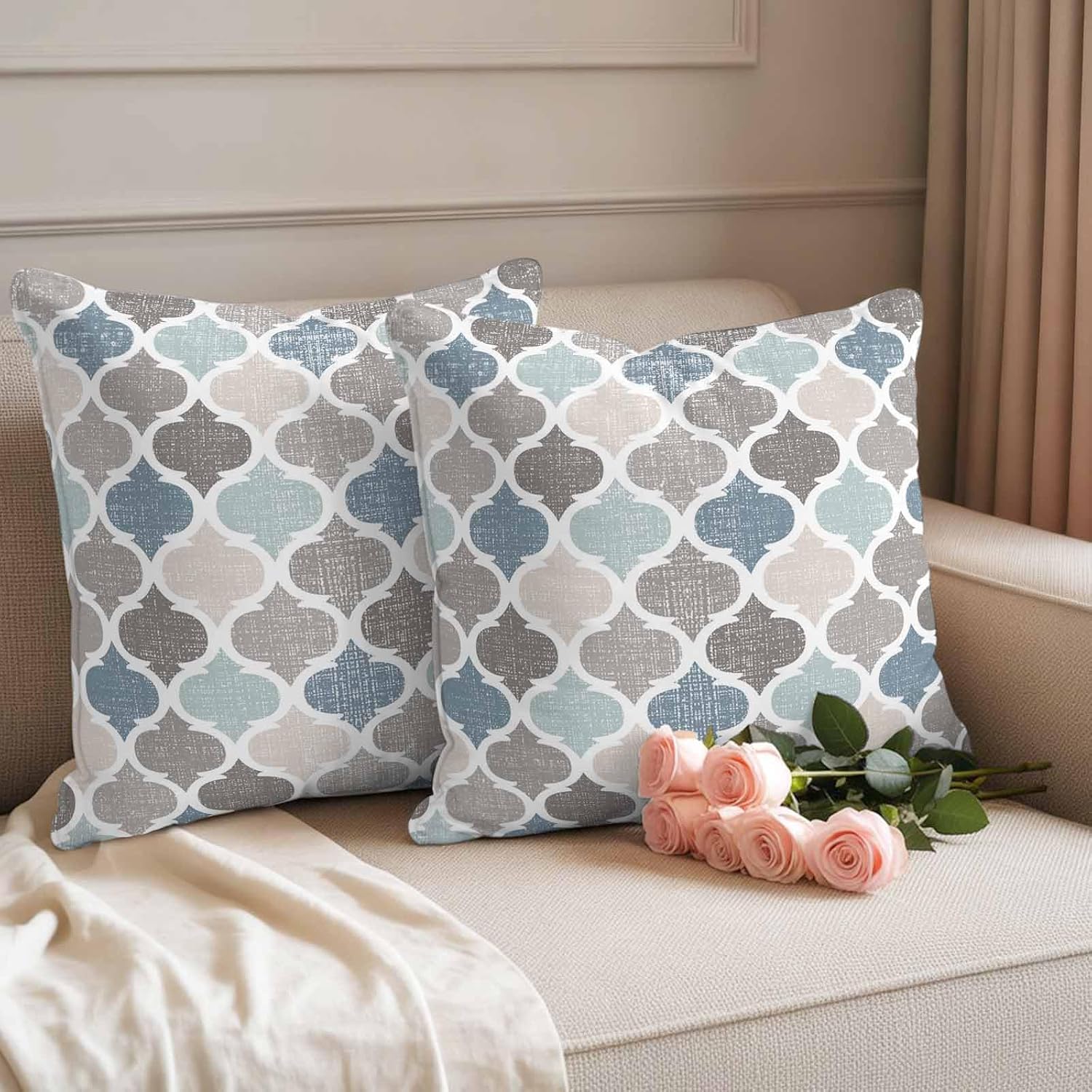 Outdoor Throw Pillow Cover 20x20in Set of 2,Moroccan Lattice Texture Waterproof Decorative Cushion Case,Square Pillowcases for Patio Garden Tent Couch Sofa,Blue Grey Retro Geometric Art