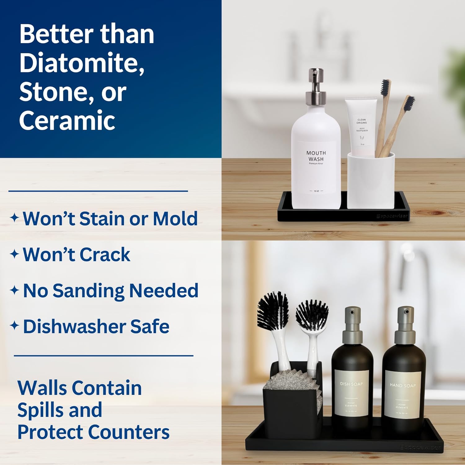 Spacewiser Countertop and Vanity Tray - 2 PC (11” and 7”) Shatterproof Silicone Kitchen and Bathroom Trays for Counter, Kitchen Soap Dispenser Tray, Vanity Trays for Bathroom, Perfume Key Tray