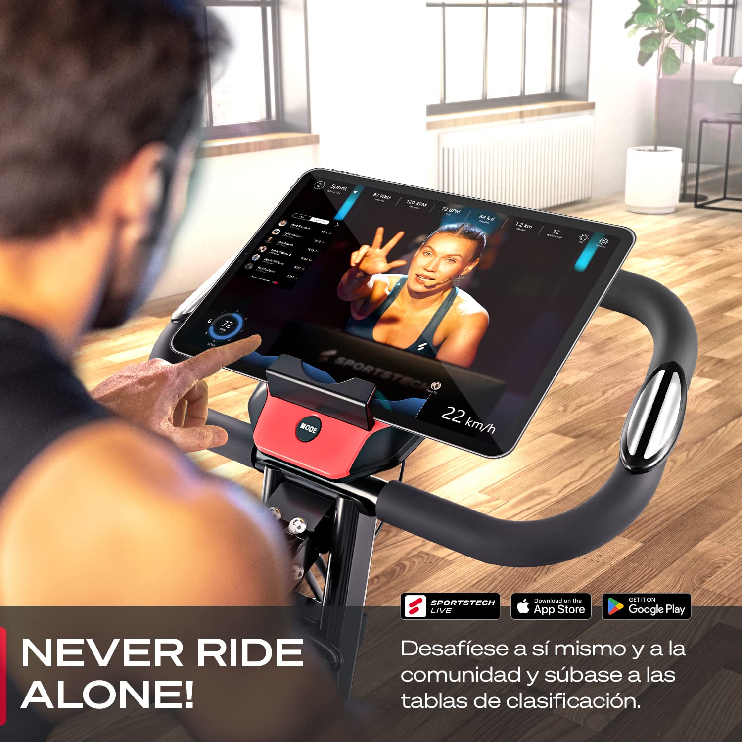 Sportstech Bicicleta estática 3 en 1 prémium con vídeo Events y aplicación multijugador | bicicleta con asiento cómodo y sensores de pulso de mano | ergómetro para casa plegable | Fitness Power Ropes | Entrenador doméstico X150 Bike