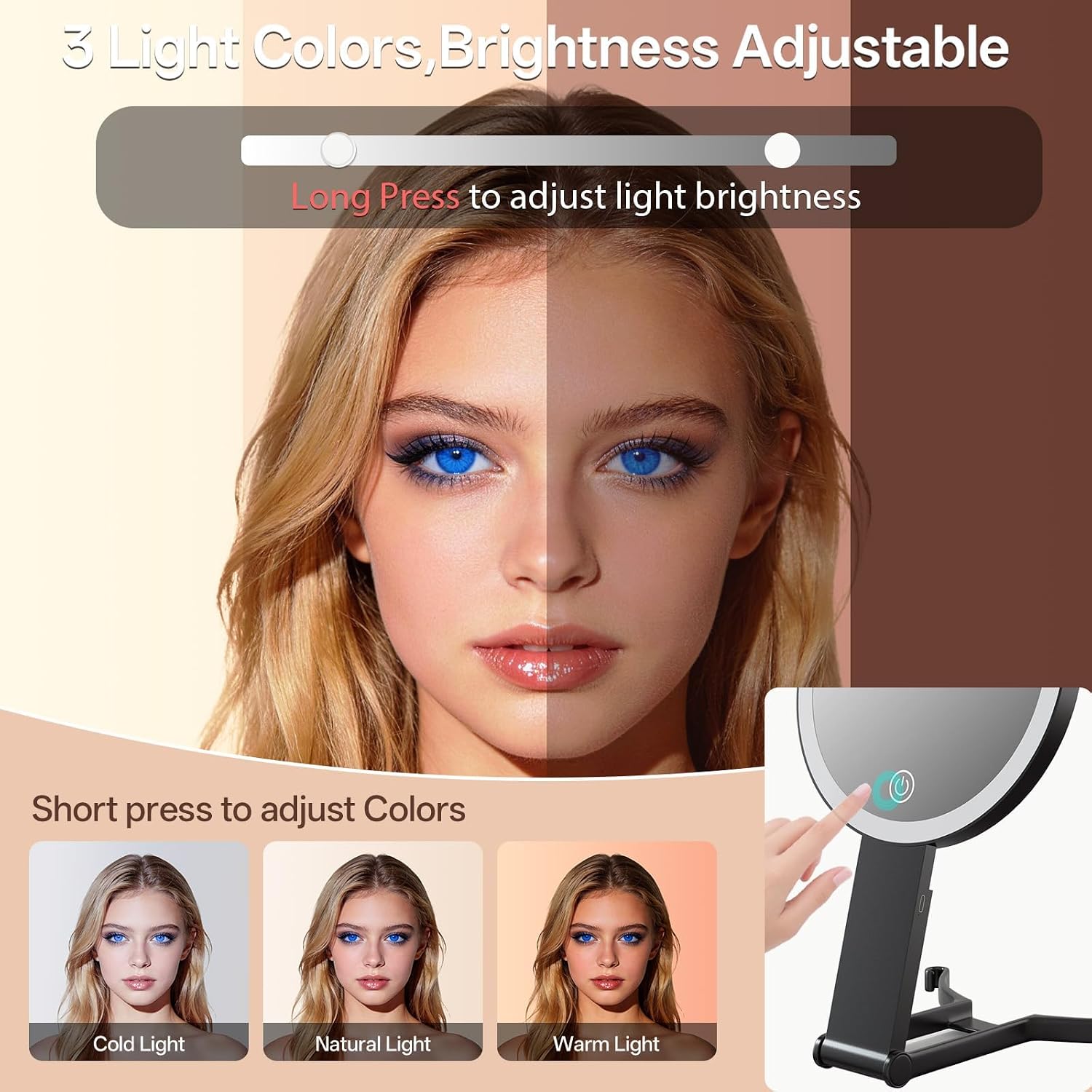 Travel Makeup Mirror with Lights & Foldable Stand, 6" Double Sided 1X/40X Magnifying Portable Lighted Hand Mirror for Men Women, 1X Full Face & 40X POWERFUL Magnification Only for Details Checking