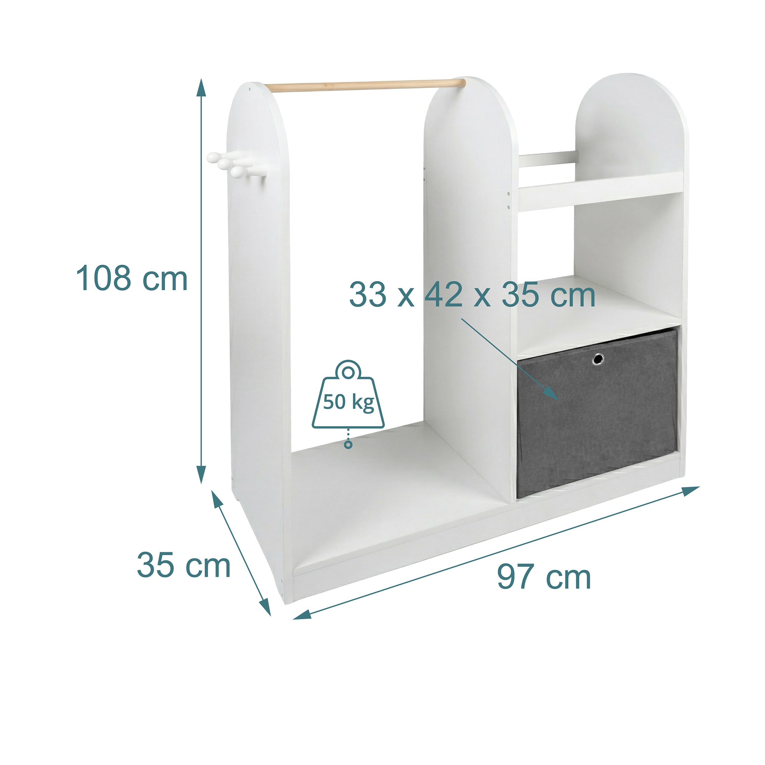 Relaxdays Appendiabiti per Bambini, 3 Ganci, Asta e Box, HxLxP: 108 x 97 x 35 cm, cameretta, Bianco