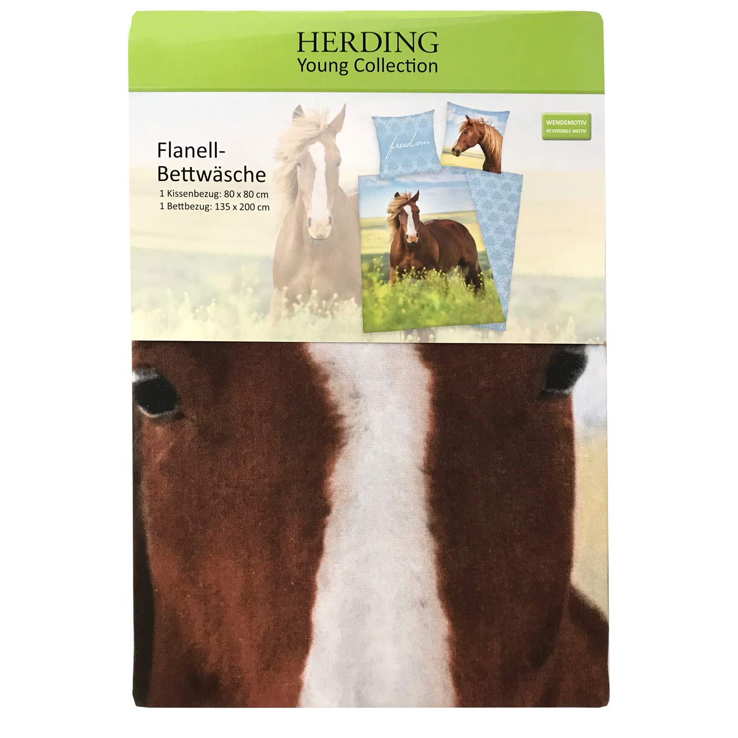 Herding Young Collection Bettwäsche-Set, Pferd Wendemotiv, Bettbezug 135 x 200 cm, Kopfkissenbezug 80 x 80 cm, Flanell/Biber