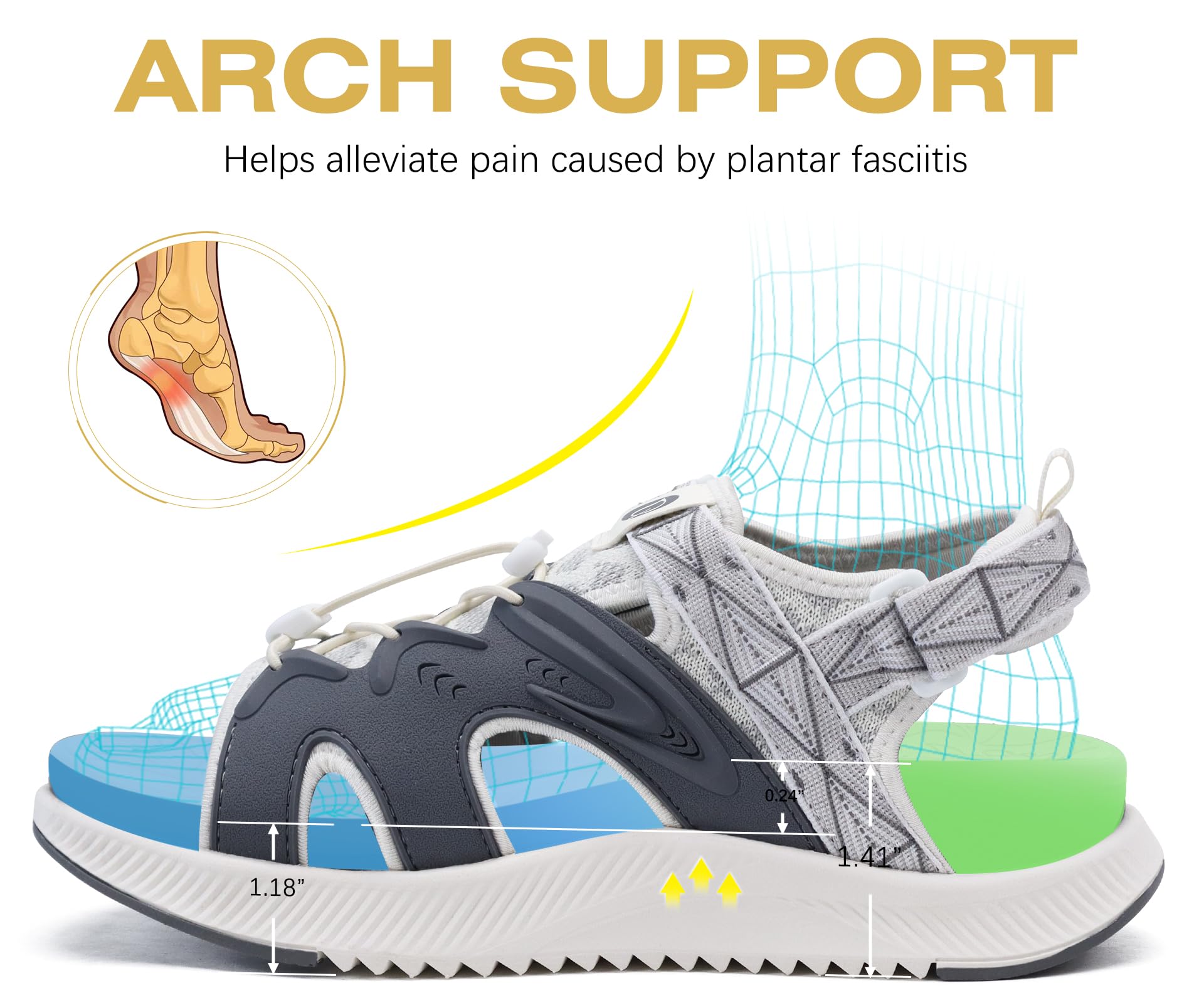 ONCAI Sandalias Mujer Caminar, Arco Soporte Sandals de Senderismo para Fascitis plantar,Antideslizante Sandalias de Deportivas Plataforma con Cordones Ajustables Talla EU 36-43
