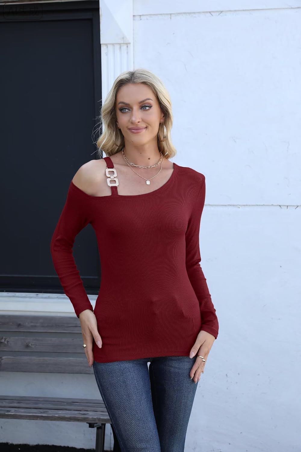 VICHYIE Womens Sexy Asymmetrical Neck Long Sleeve Cold Shoulder Shirts Ribbed Knit Slim Fitted Trendy Fashion Tops - Image 3