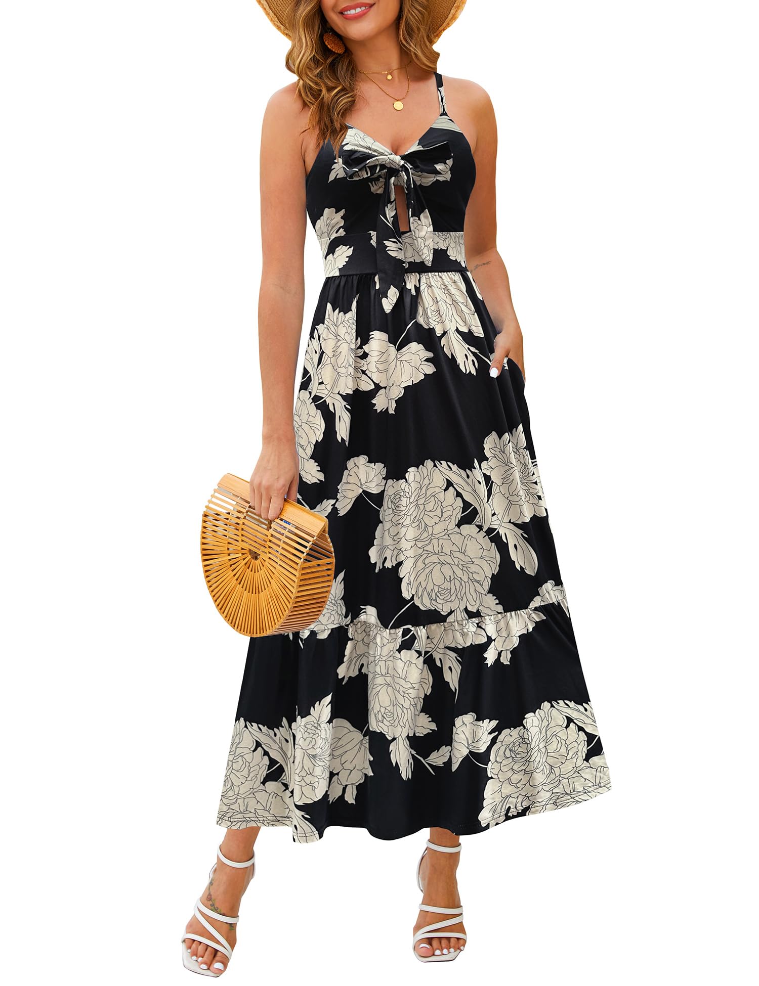 Kranda Women 2026 Summer Sundress High Waist Tie Front Spaghetti Strap Long Beach Floral Tiered Maxi Dress with Pockets