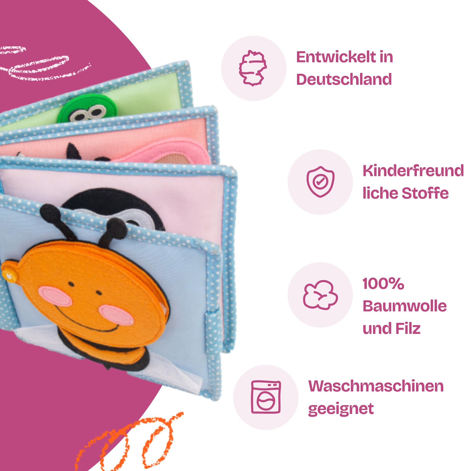 Jolly Designs – Piccola ape – Mini Quiet Book – Montessori Giocattoli a partire dai 6 mesi – Promuovere le capacità motorie e sensoriali – Libro in feltro fatto a mano – Giocattolo educativo per