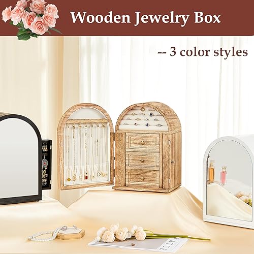 Miniatura 7 de Joyero organizador, caja de joyería de madera maciza, almacenamiento de collares, anillos, aretes, pulseras con espejo y cajones, regalos de Navidad