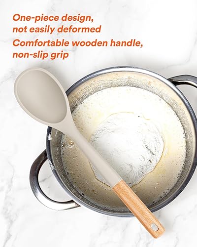 Miniatura 3 de Cucharas de cocina grandes de silicona, cuchara antiadherente con mango de madera maciza, cucharas de cocina de silicona resistentes al calor para