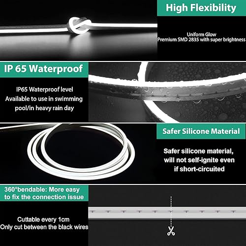 Miniatura 6 de Tira de luz de neón blanca de 3.28 pies, tira de luces LED blancas USB de 5 V con controlador táctil, cuerda de luz de neón flexible para