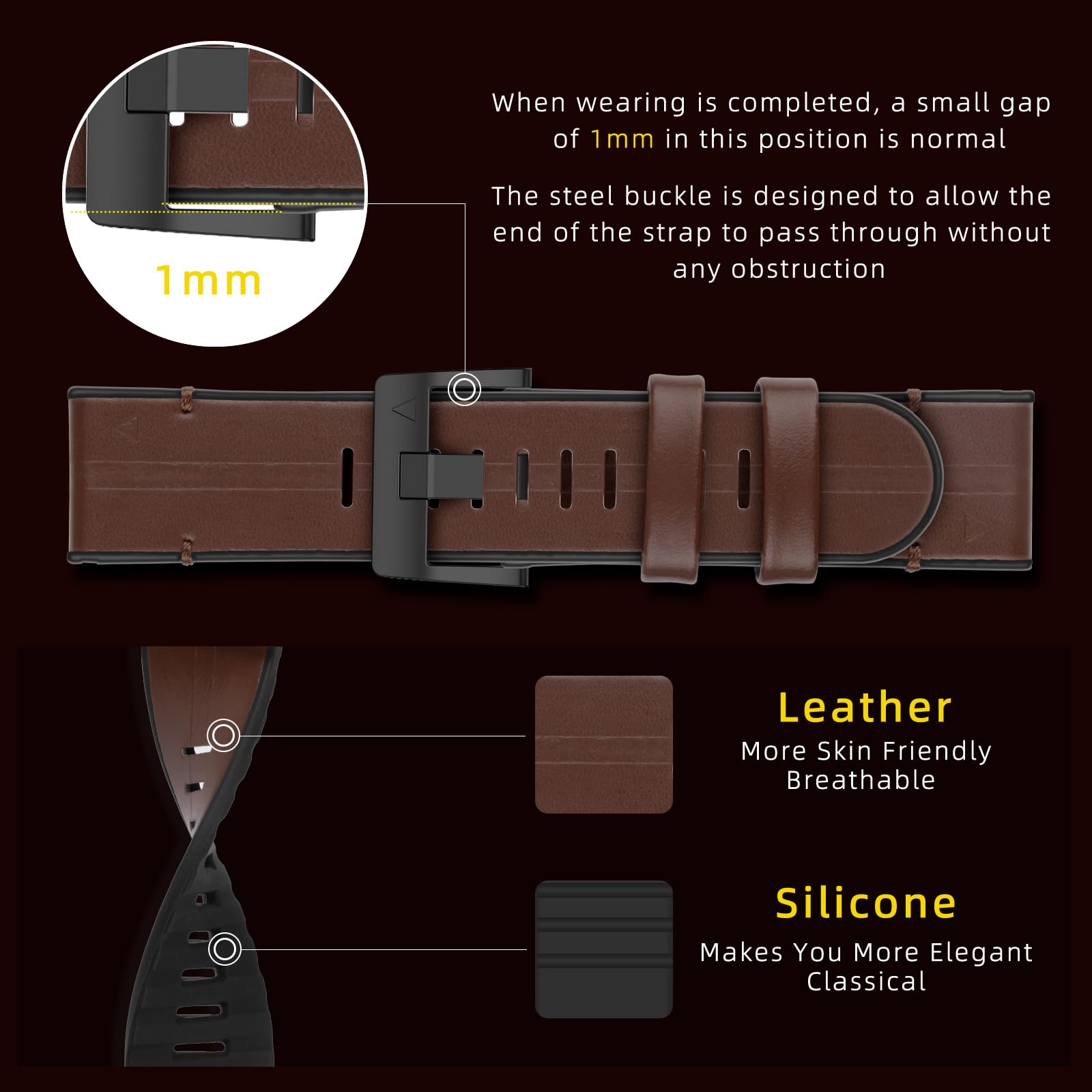 Bracelet QuickFit 26mm Cuir/silicone Pour Garmin Fenix, Tactix, Enduro, Descent - Marron
