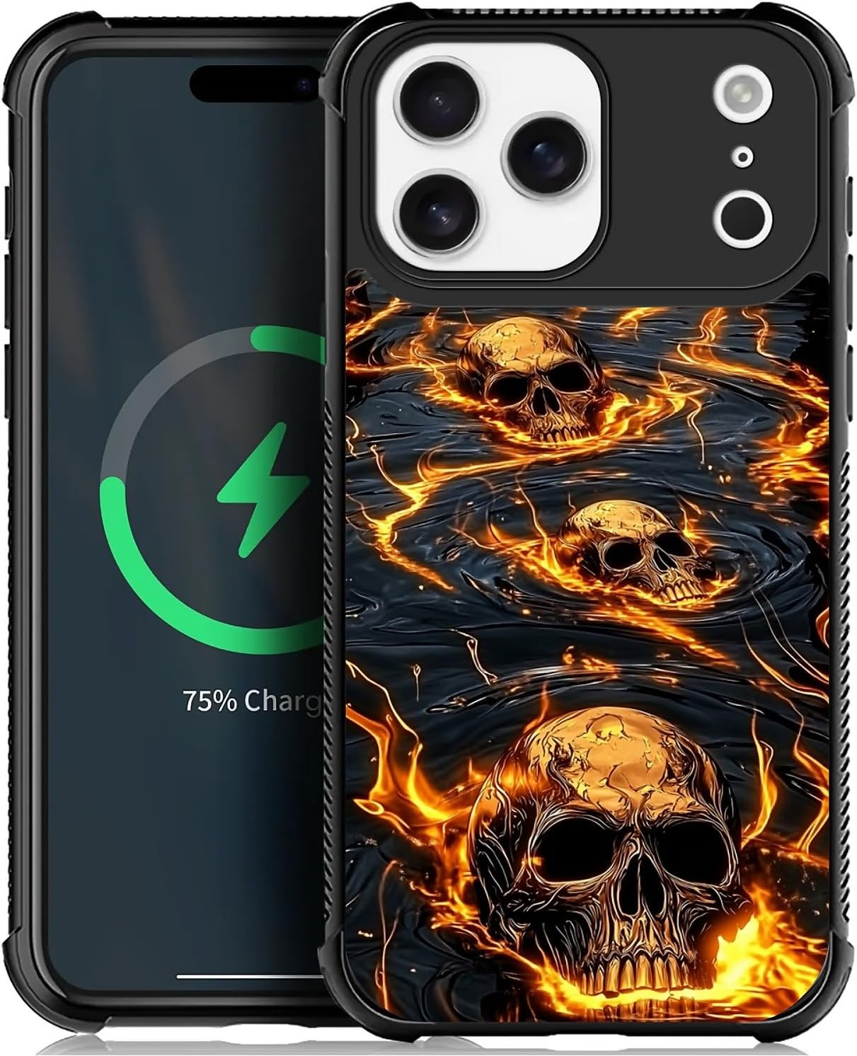 CARLOCA for iPhone 17 Pro Max Compatible with Magsafe Case for Girl Boy Shockproof Soft Silicone Protection Magnetic Charge Fashion Pattern Cartoon Skull Orange Yellow Flames