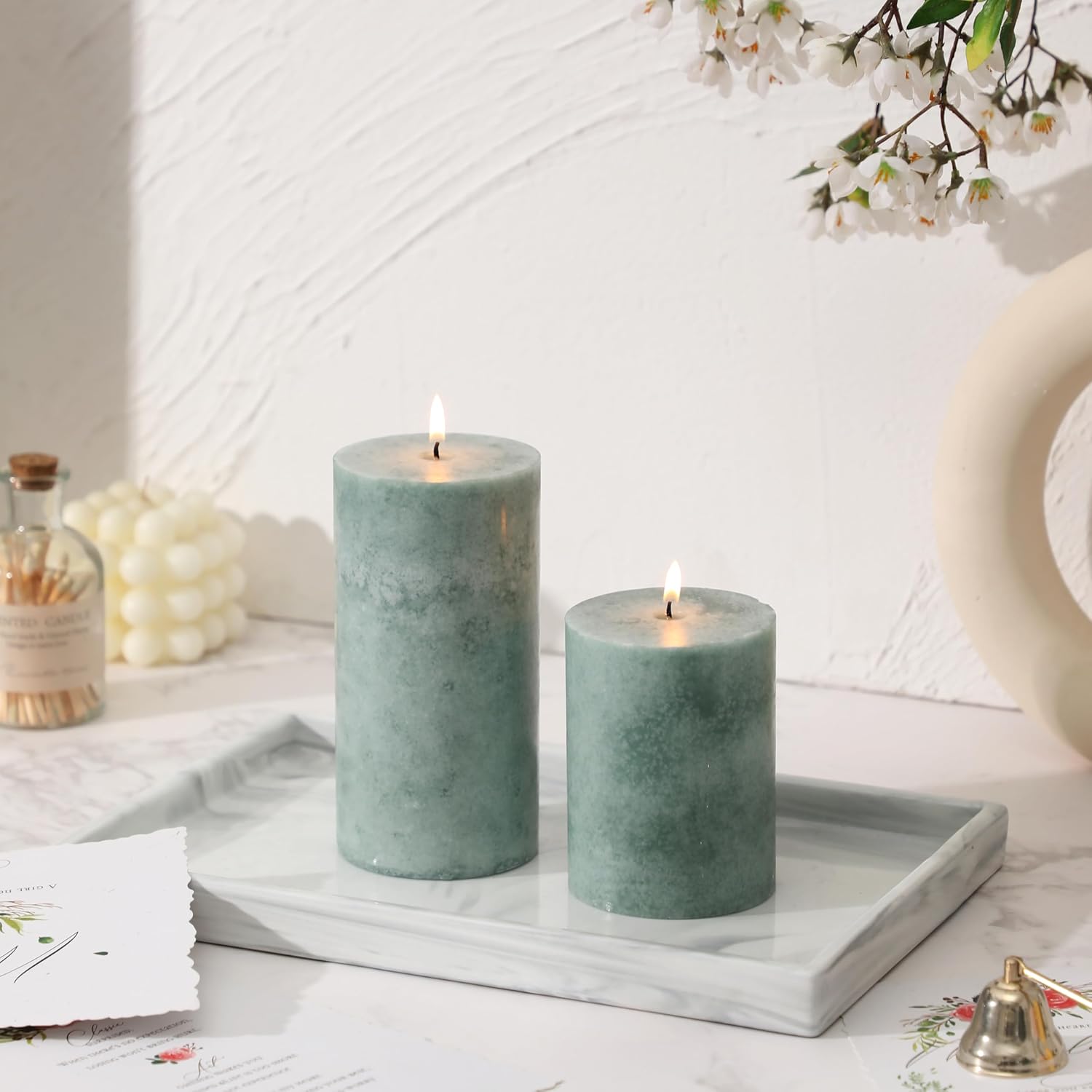 3x4 inch Green Pillar Candles Set of 3, Unscented Pillar Candle, Dripless and Smokeless Large Candles, Candle for Home Decor, Dinner Table,Weddings, Holidays - Image 4