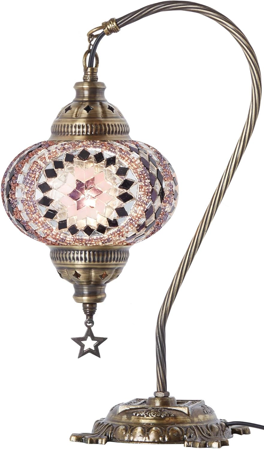 🔥 (33 Colors) DEMMEX Turkish Moroccan Mosaic Table Lamp with US Plug & Socket, Swan Neck Handmade Desk Bedside Table Night Lamp Decorative Tiffany Lamp Light, Antique Color Body Purple (5)