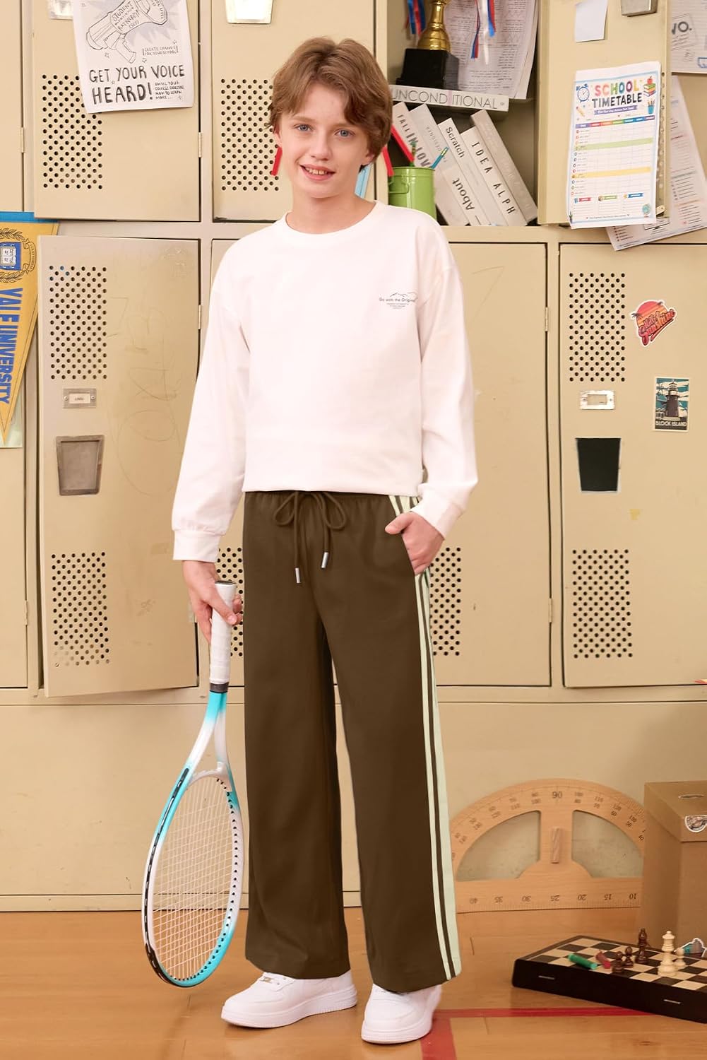Boys Baggy Striped Track Pants Athletic Streetwear Wide Leg Pants