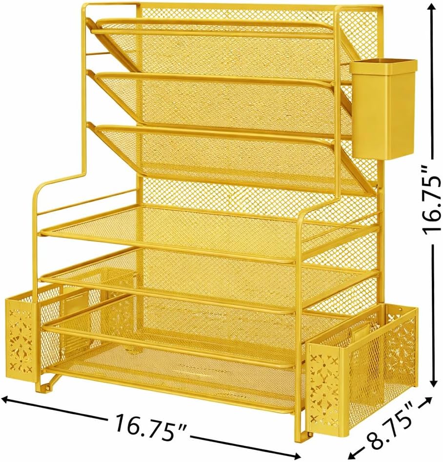 Simple Trending 7 Tier Desk File Organizer, Letter Tray Paper Organizer with Pen Holder and Metal Hanging Basket, Gold