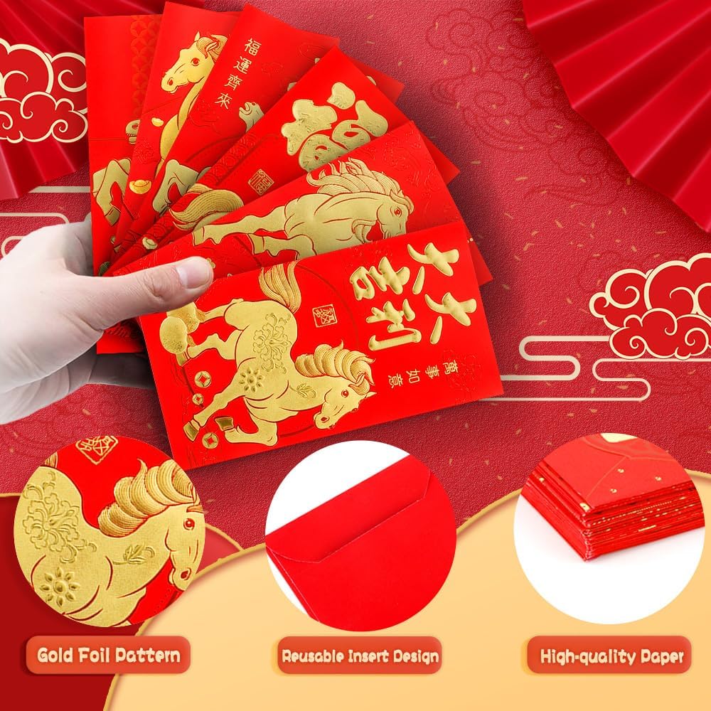 Chinese New Year Red Envelopes, 36 PCS Red Envelopes, Horse Year Reds Envelope 2026, 春节红包, Hong Bao, Lucky Money Envelope Reds Pocket Packet for 2026 New Years Eve Party Spring Festival, 6 Designs - Image 3