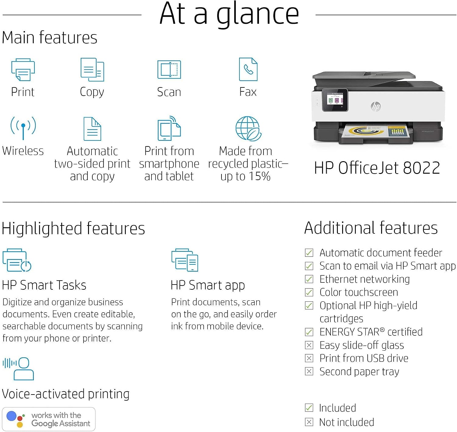 HP OfficeJet 8022 Wireless All-in-One Color Inkjet Printer, Scan, Copy and Fax, 3UC65A (Renewed)