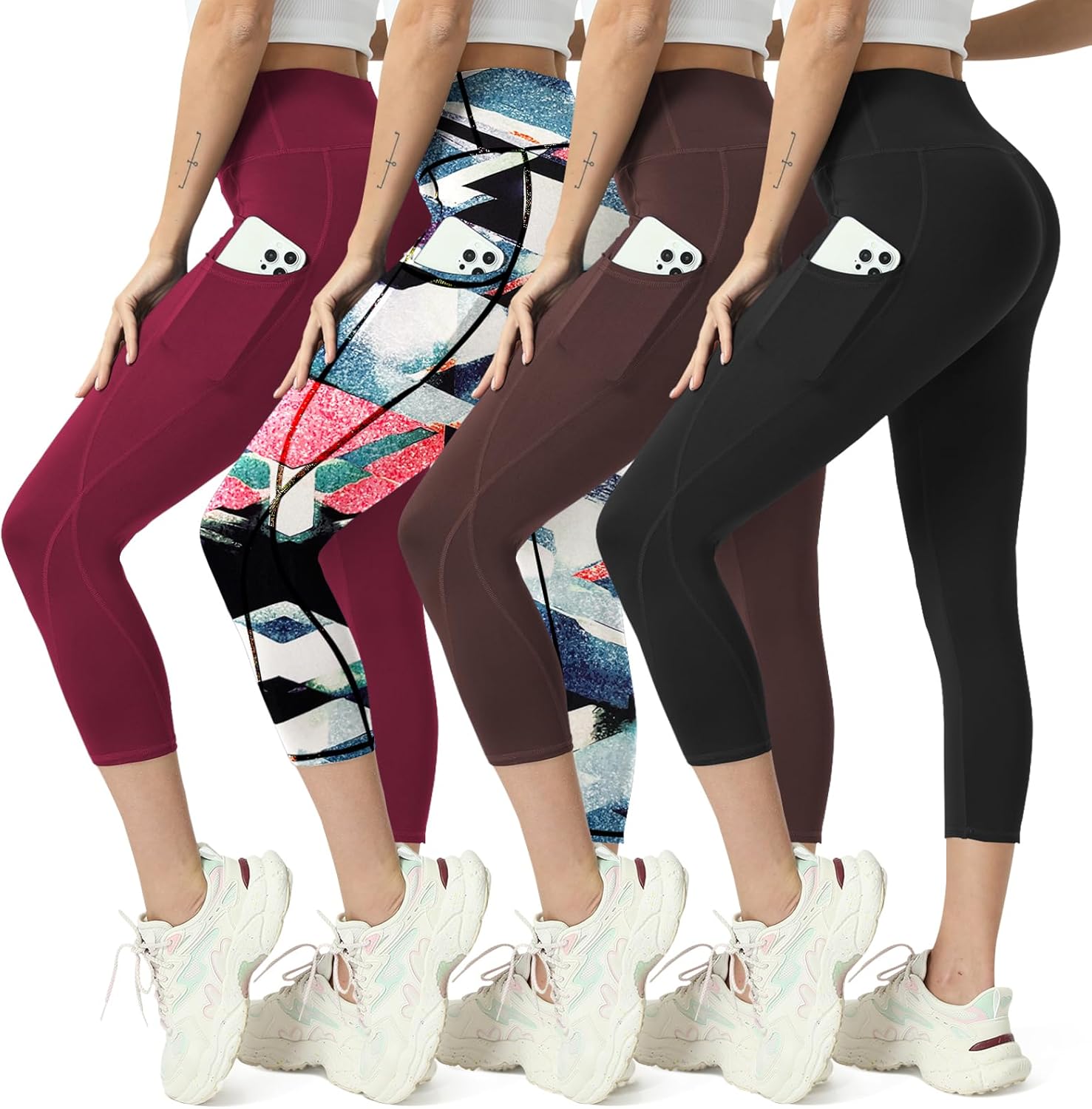 High Waisted Yoga Leggings for Women 4 Pack - Tummy Control Workout Capris with Pockets
